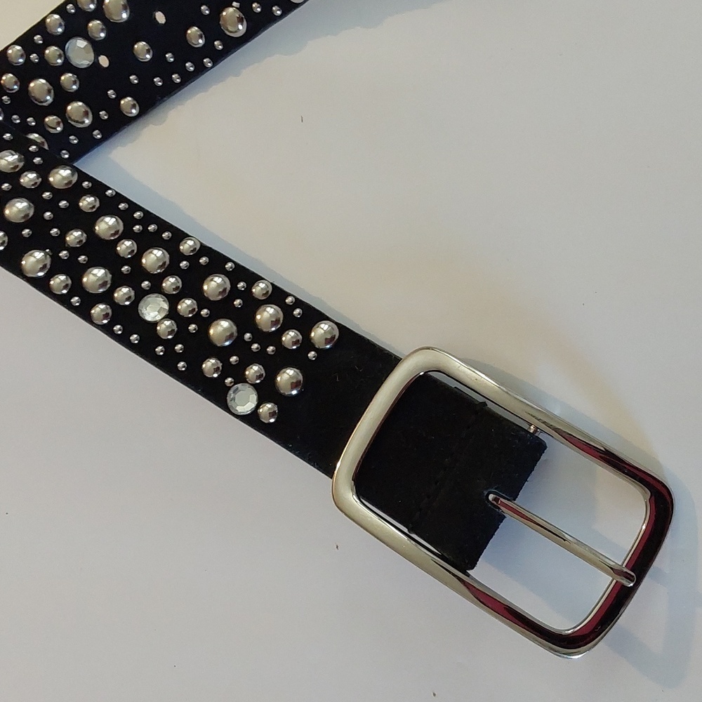 Womens Black Leather Silver Studded & Crystals Stunning Belt Silver Buckle Sz.L - Picture 4 of 6